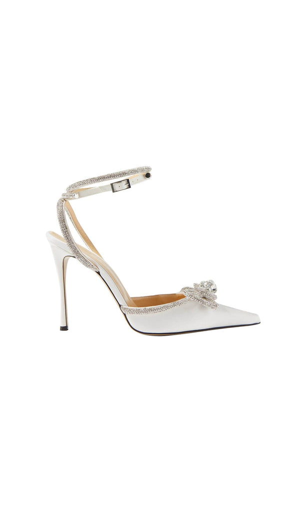 BOW CRYSTAL SATIN HEELS IN WHITE