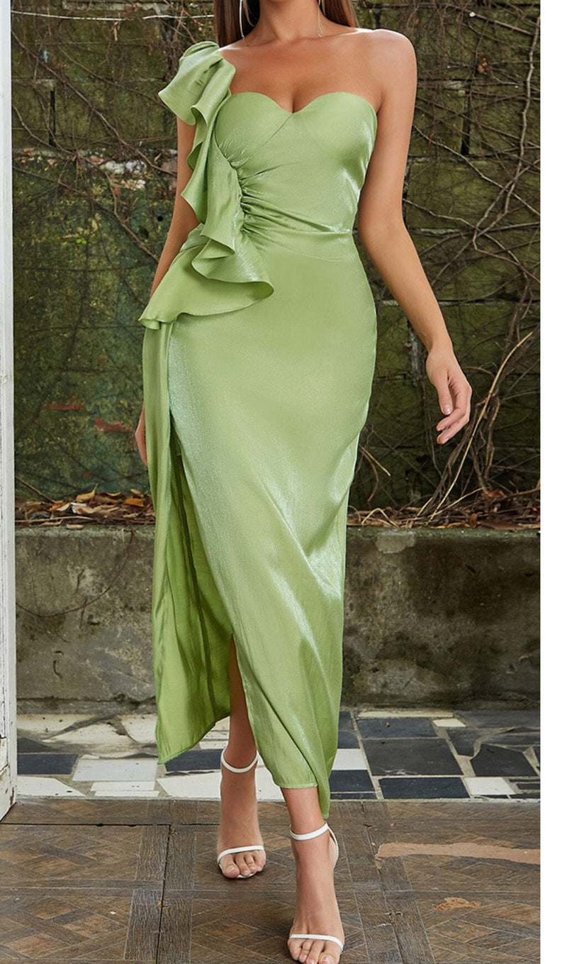 SATIN FOREST CORSET MAXI DRESS IN GREEN
