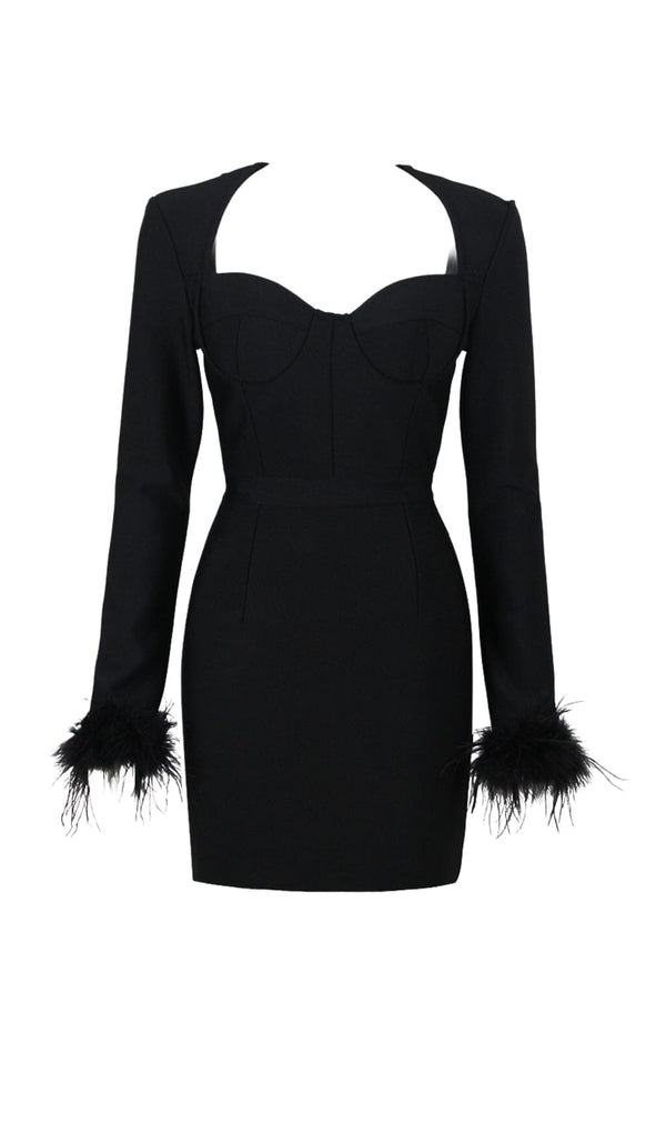 STRETCH LONG SLEEVES FEATHER MINI DRESS IN BLACK Dresses styleofcb 