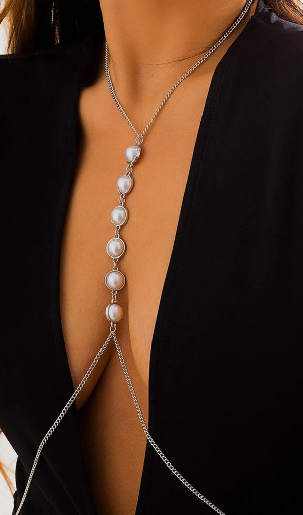PEARL CROSSOVER CHEST BODY CHAIN IN SILVER blingmyfriend 