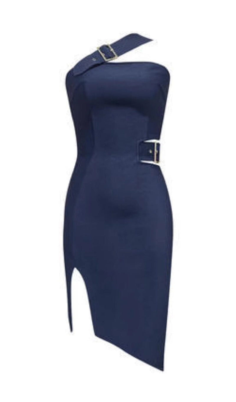 ONE-SHOULDER DRESS WITH DRILL BUCKLE SPLIT IN NAVY BLUE