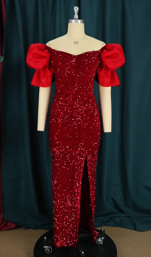 EXAGGERATED SLEEVES SLIM SEQUIN MAXI DRESS IN RED styleofcb 