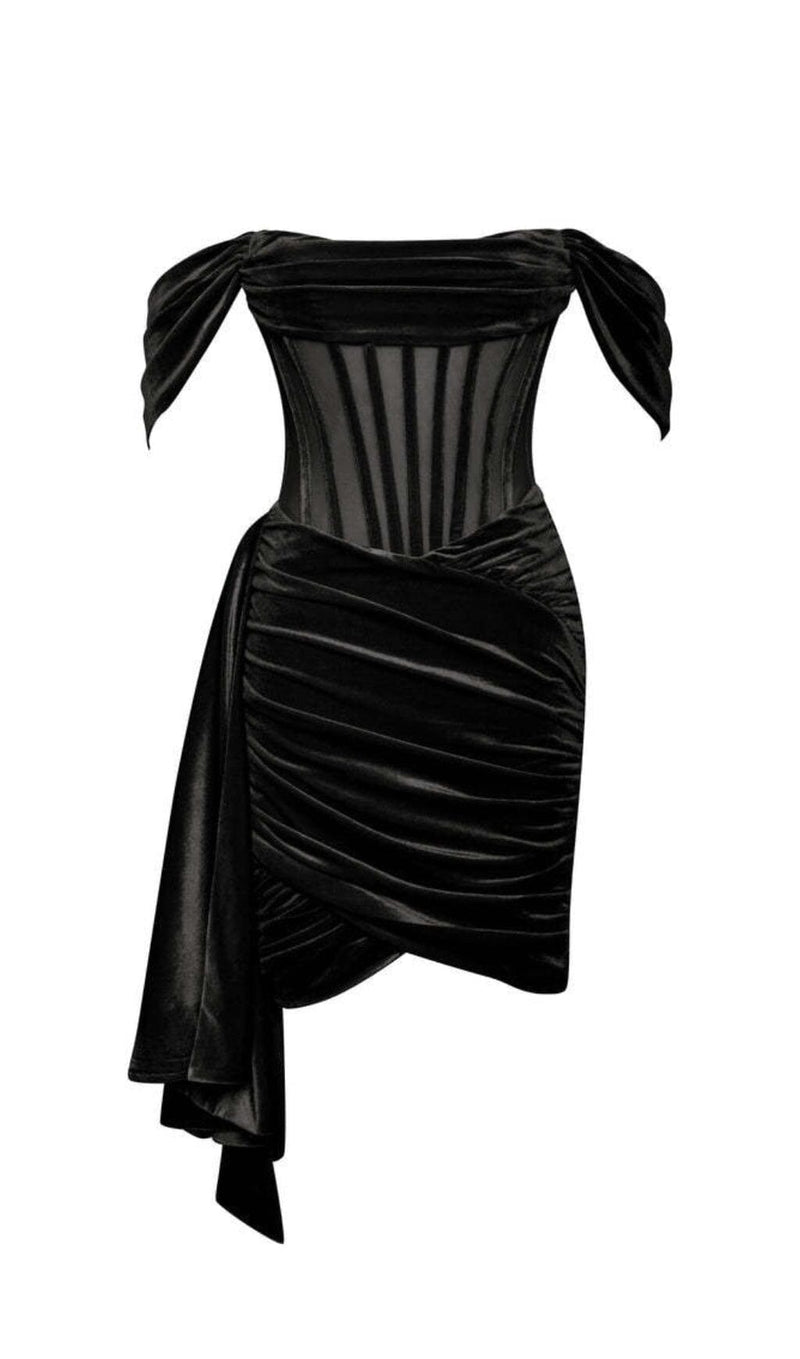 IRISA BLACK DRAPING OFF SHOULDER CORSET DRESS