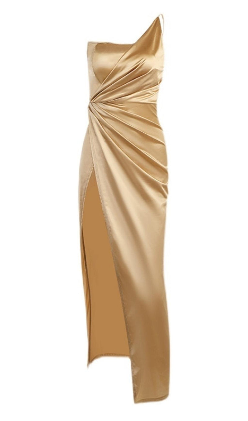 ONE SHOULDER BODYCON MAXI DRESS IN GOLD