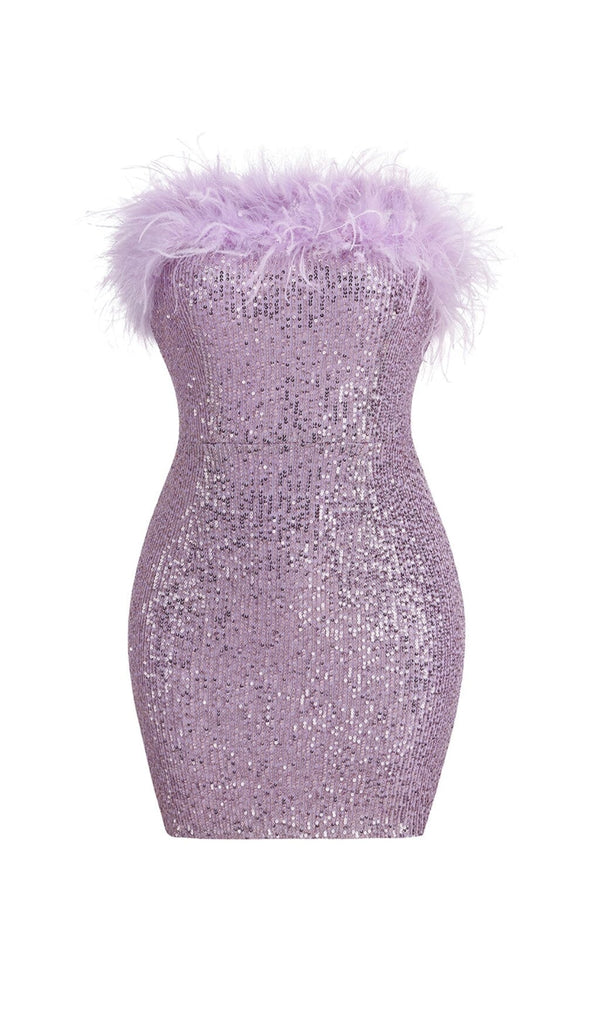 SEQUIN FEATHER STRAPLESS MINI DRESS IN PURPLE