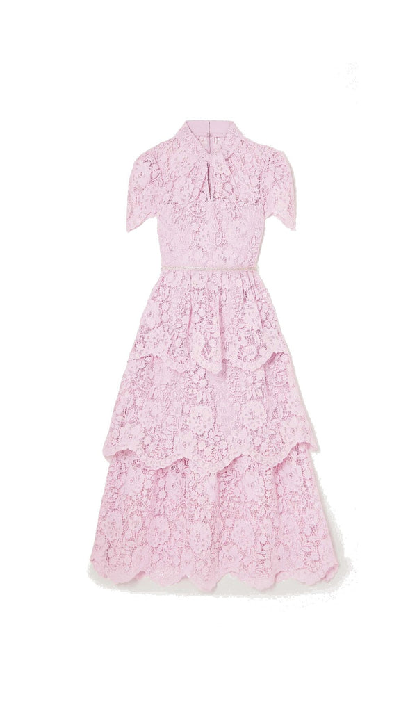 CORD LACE TIERED MIDI DRESS IN PINK