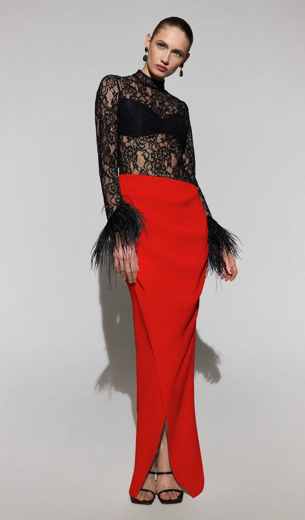 SPLICED LACE FEATHER SLIT DRESS IN BLACK AND RED styleofcb 