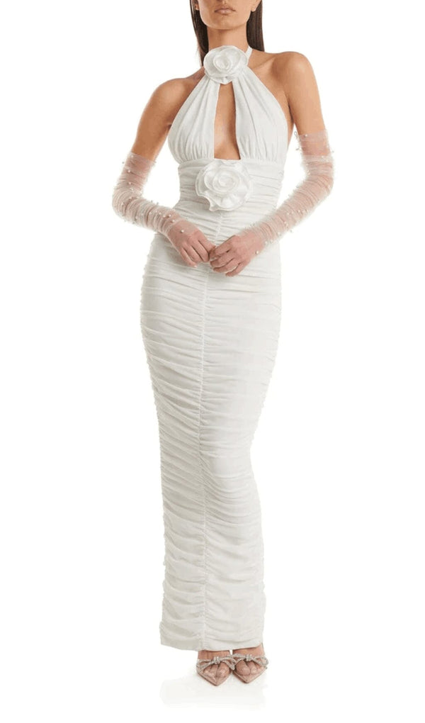 WHITE 3D FLORAL CIRCLE NECK BANDAGE MAXI DRESS sis label 