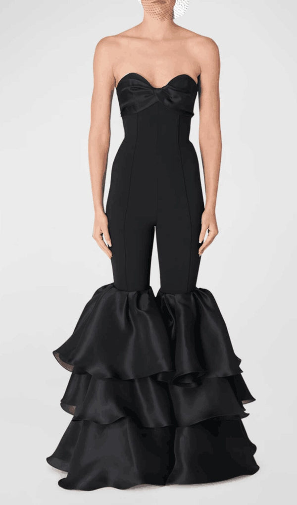 BLACK STRAPLESS JUMPSUIT WITH TIERED RUFFLE HEM sis label 