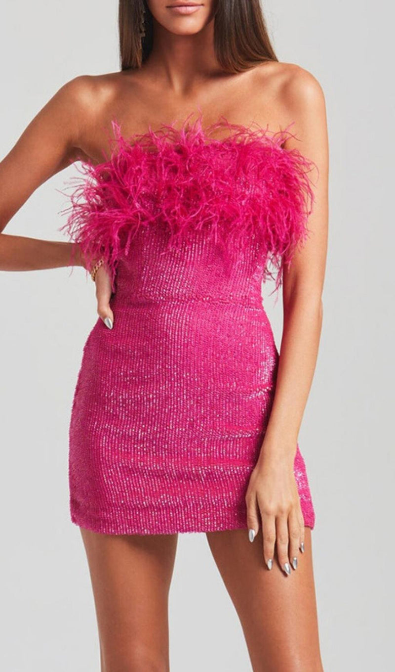 SEQUIN FEATHER STRAPLESS MINI DRESS IN PINK