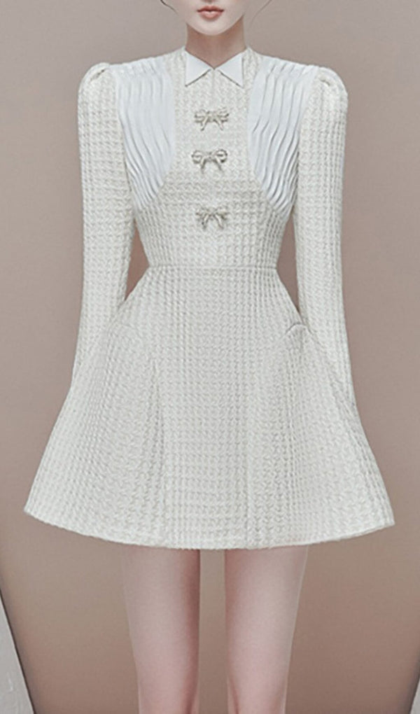 LONG SLEEVE BOW A-LINE MINI DRESS IN WHITE sis label 