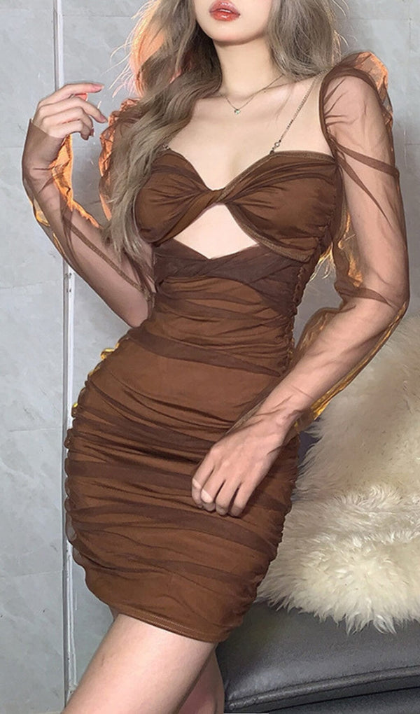 MESH TWISTED DRESS IN BROWN styleofcb 
