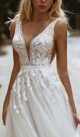 LARGE V-NECK SEE-THROUGH LACE HALTER DRESS IN WHITE