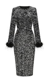 SEQUIN FEATHER LONG SLEEVES MIDI DRESS