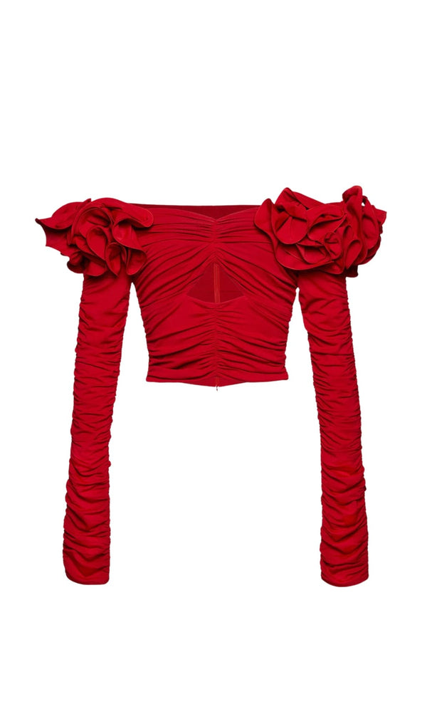FLOWER ONE -LINE SHOULDER PLEATED BACKLESS TOP IN RED styleofcb 