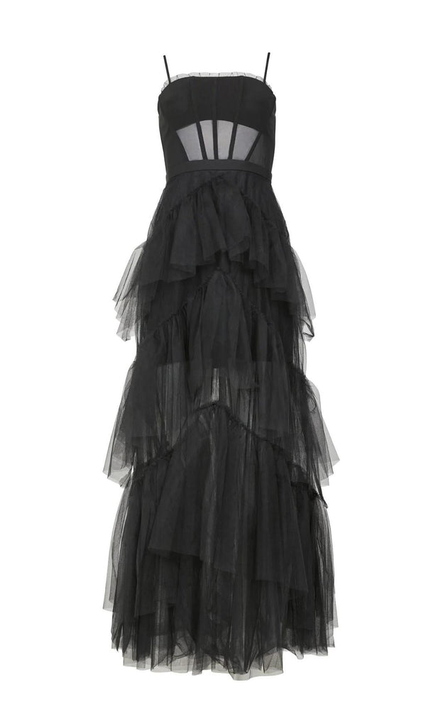 TIERED RUFFLE TULLE EVENING MAXI DRESS