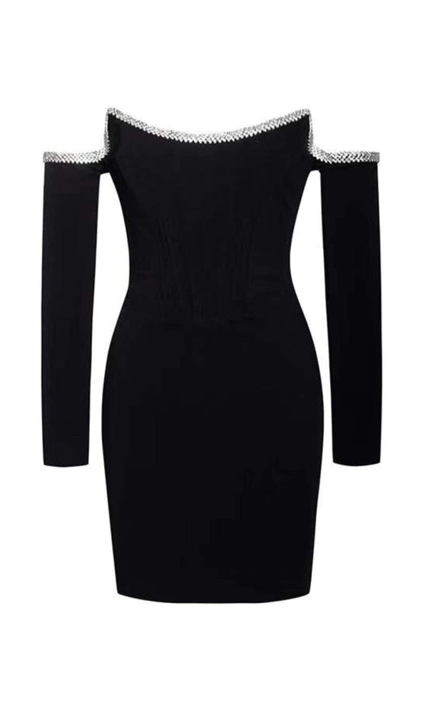 Annika Black Off Shoulder Long Sleeve Corset Dress With Crystal Trim Dresses styleofcb 