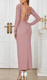HIGH SLIT AND RUFFLES BACKLESS DRESS IN PINK