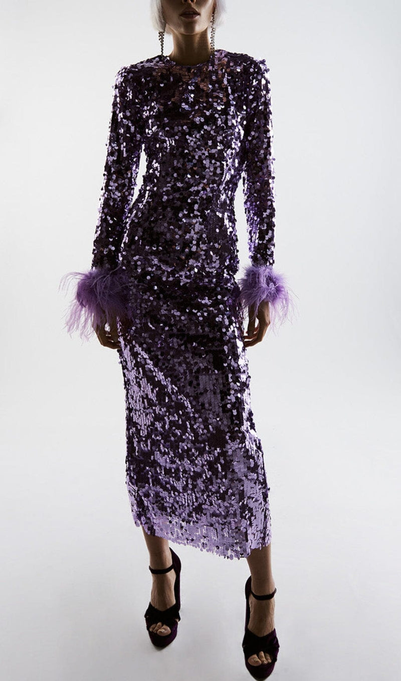 SEQUIN FEATHER LONG SLEEVES MIDI DRESS