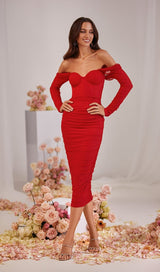 STRAPLESS STRAPLESS LACE MIDI DRESS IN RED
