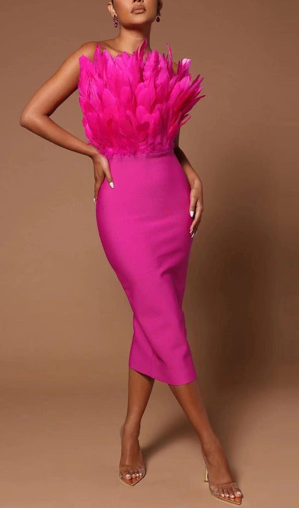 SLEEVELESS BACKLESS FEATHER-DECORATED SLIM MIDI DRESS IN PINK styleofcb 
