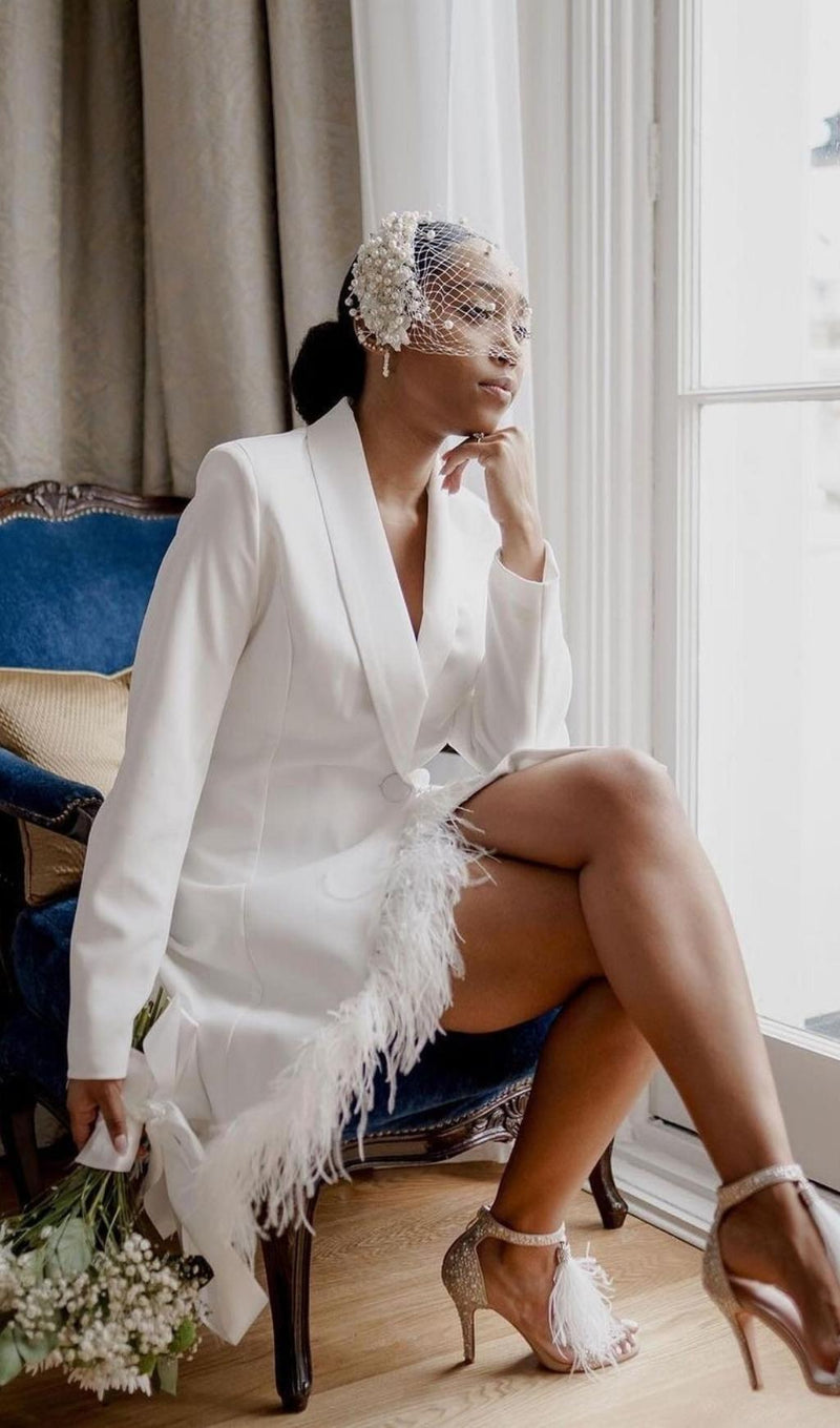 LONG SLEEVES FEATHER MINI DRESS IN WHITE