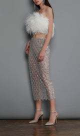 FEATHER SEQUIN TWO PIECE SET IN WHITE