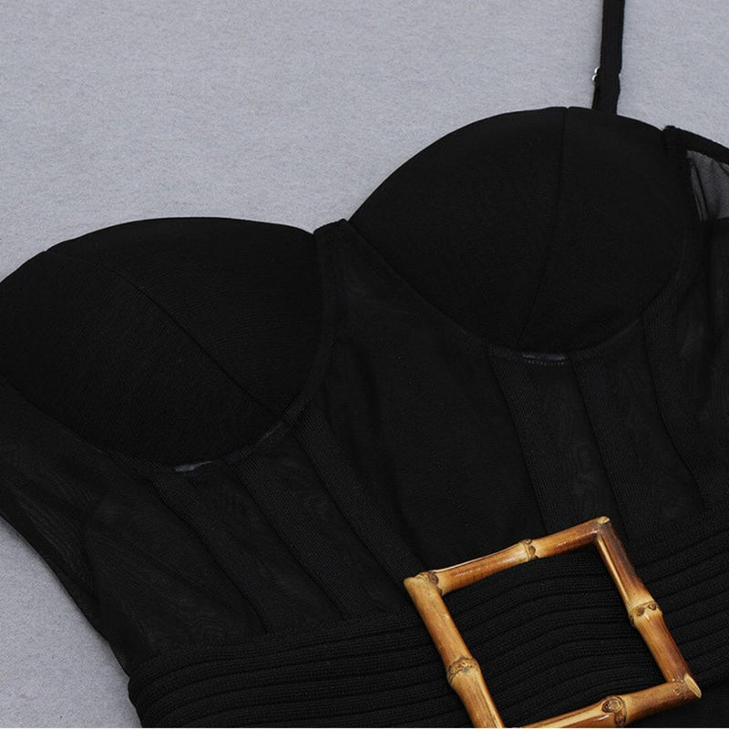 GAUZE TRANSPARENT BAMBOO BUCKLE BELT DRESS IN BLACK