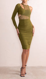 MESH ONE SHOULDER LAYERED DRESS WITH RUCHING