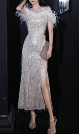 CHAMPAGNE FEATHER SEQUIN MAXI DRESS