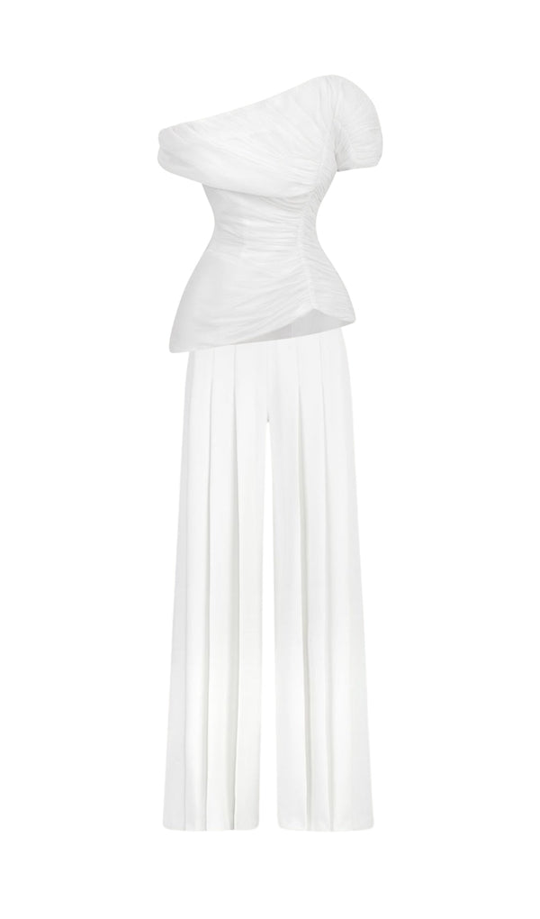 WHITE FEATHER PLEATED TWO PIECES SUIT