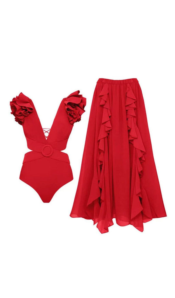 DEEP V RED CUTOUT ONE PIECE SWIMSUIT AND SKIRT