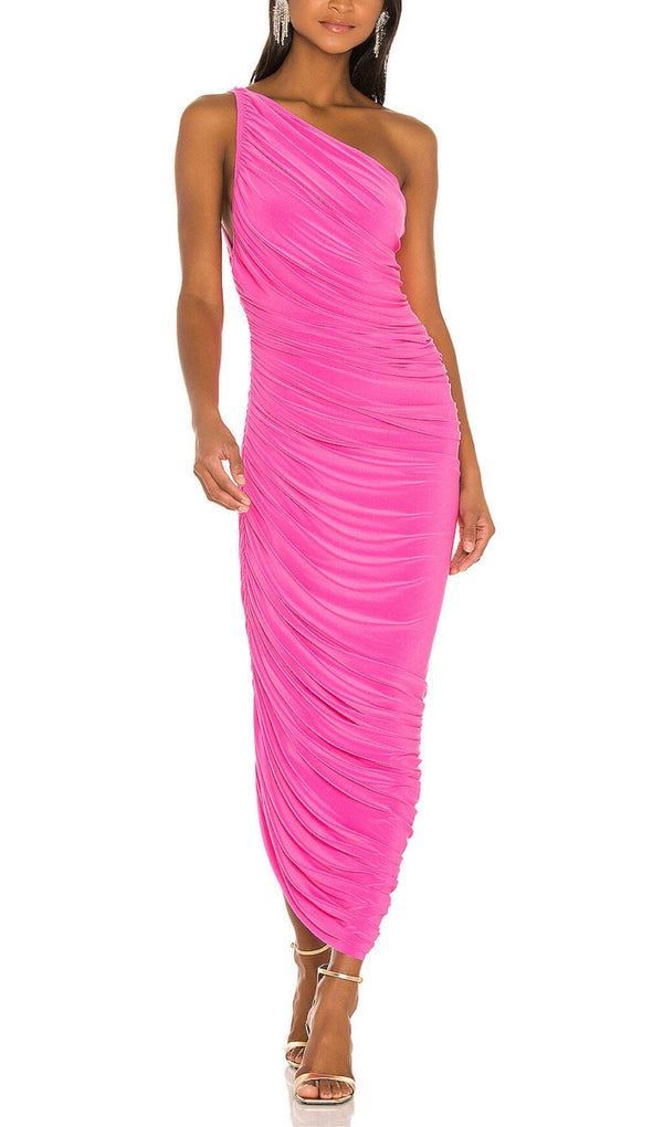 PLEATED SLEEVELESS ONE-SHOULDER DRESS IN PINK styleofcb 