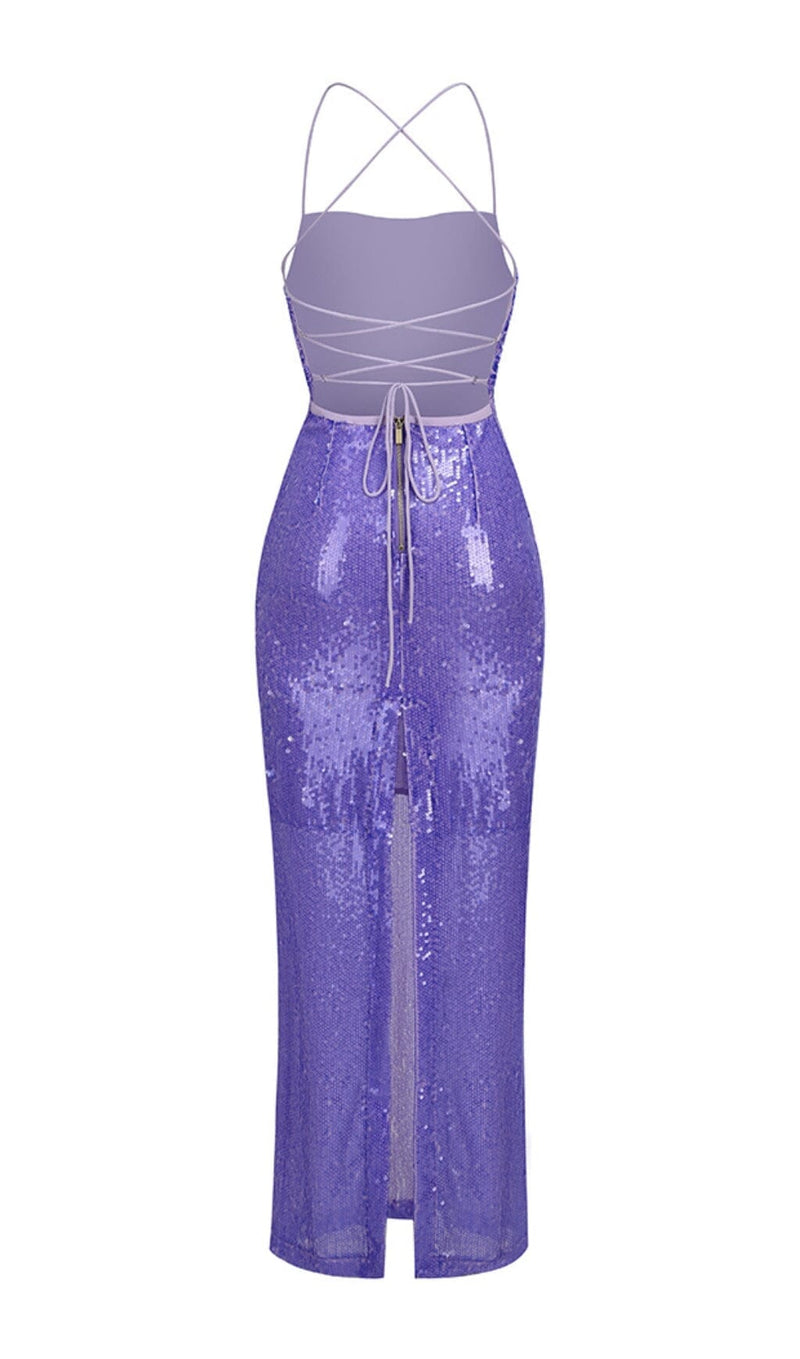 SEQUIN BACKLESS MAXI DRESS IN PURPLE
