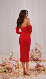 STRAPLESS STRAPLESS LACE MIDI DRESS IN RED