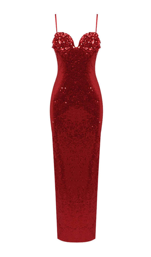 RED STRAPPY FLOWER SEQUIN SLIP MAXI DRESS sis label 