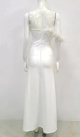 FEATHER STRAPLESS MAXI DRESS IN WHITE