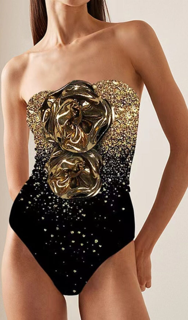 3D Flower Shiny Printed One Shoulder One Piece Swimsuit and Skirt
