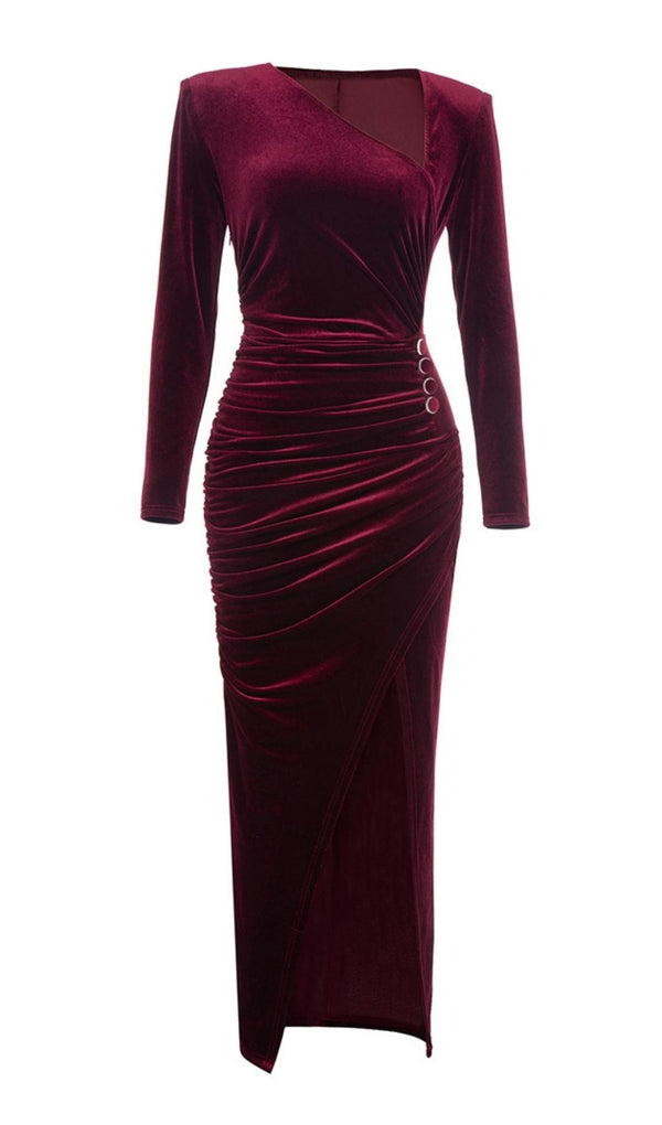 LONG SLEEVES RUCHED MIDI DRESS IN RED Dresses styleofcb 