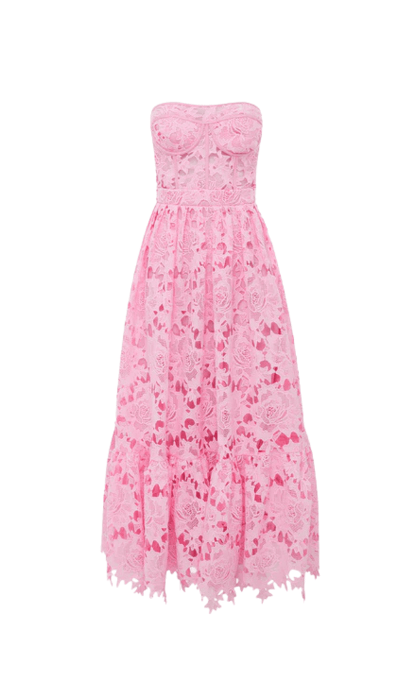 LACE BUSTIER MIDI DRESS IN CANDY PINK