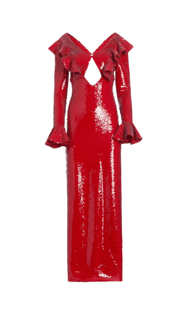 RED SEQUIN BACKLESS MAXI DRESS