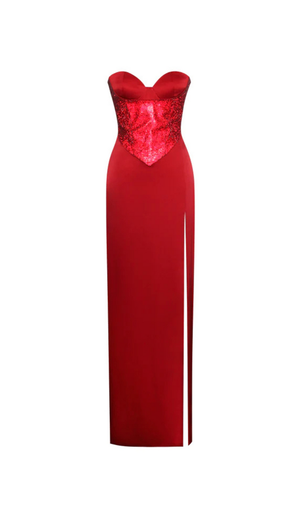 RED CRYSTAL HIGH SLIT SATIN CORSET GOWN