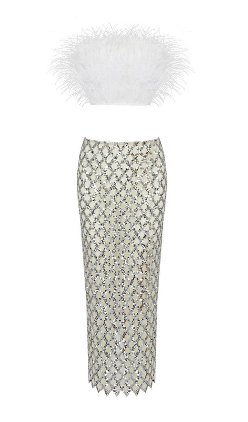 FEATHER SEQUIN TWO PIECE SET IN WHITE