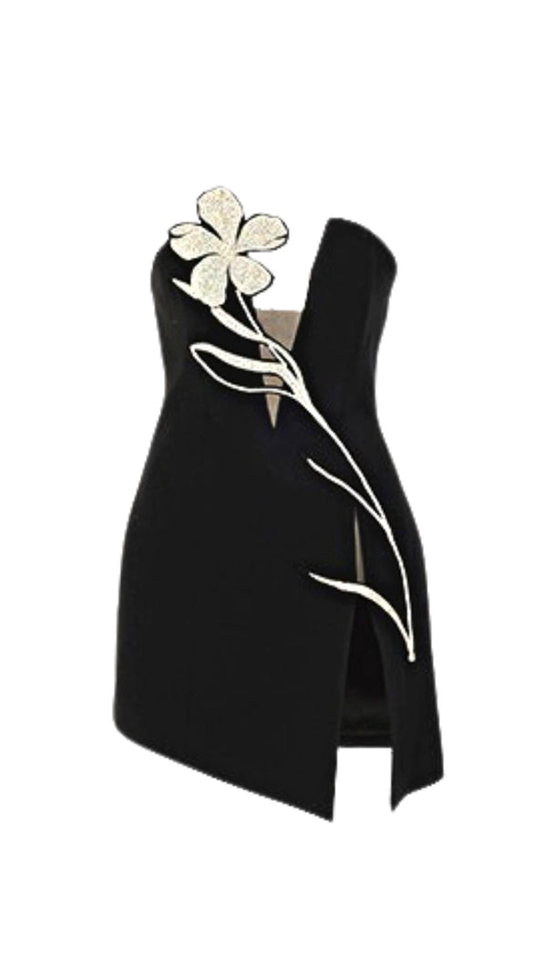 CRYSTAL FLOWER MINI DRESS IN BLACK
