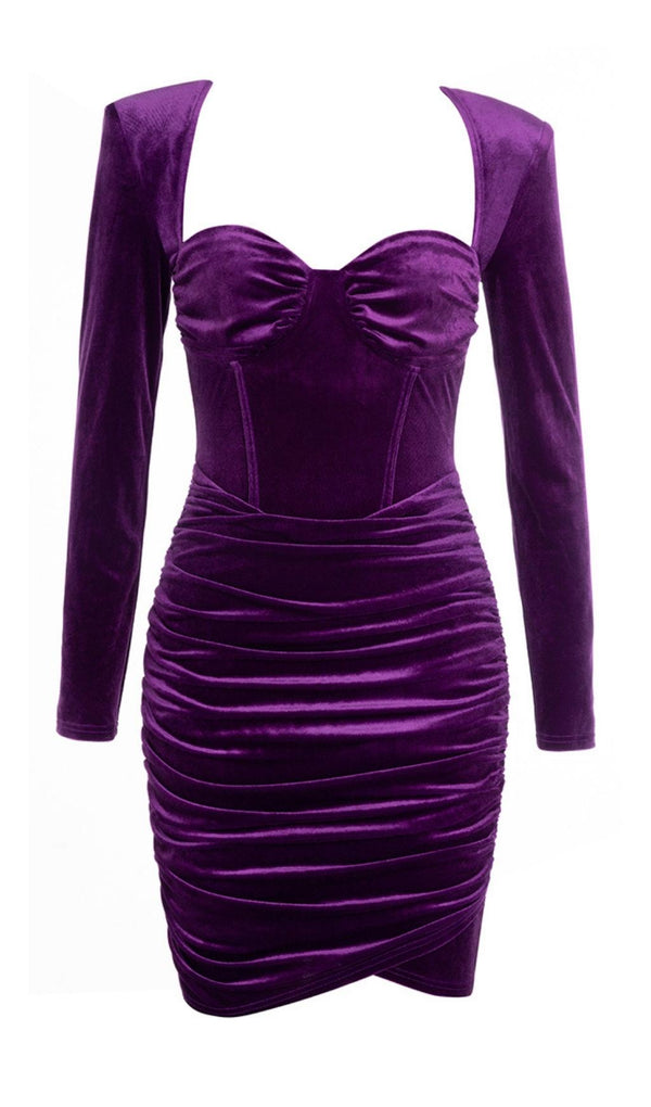 LONG SLEEVES RUCHED MINI DRESS IN PURPLE