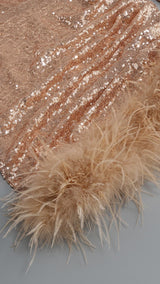 SEQUIN FEATHER MINI DRESS IN ROSE GOLD