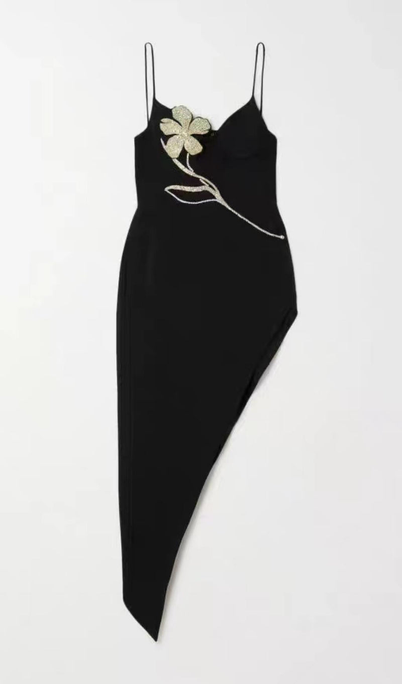 ASYMMETRIC CRYSTAL FLOWER DRESS IN BLACK Dresses styleofcb 