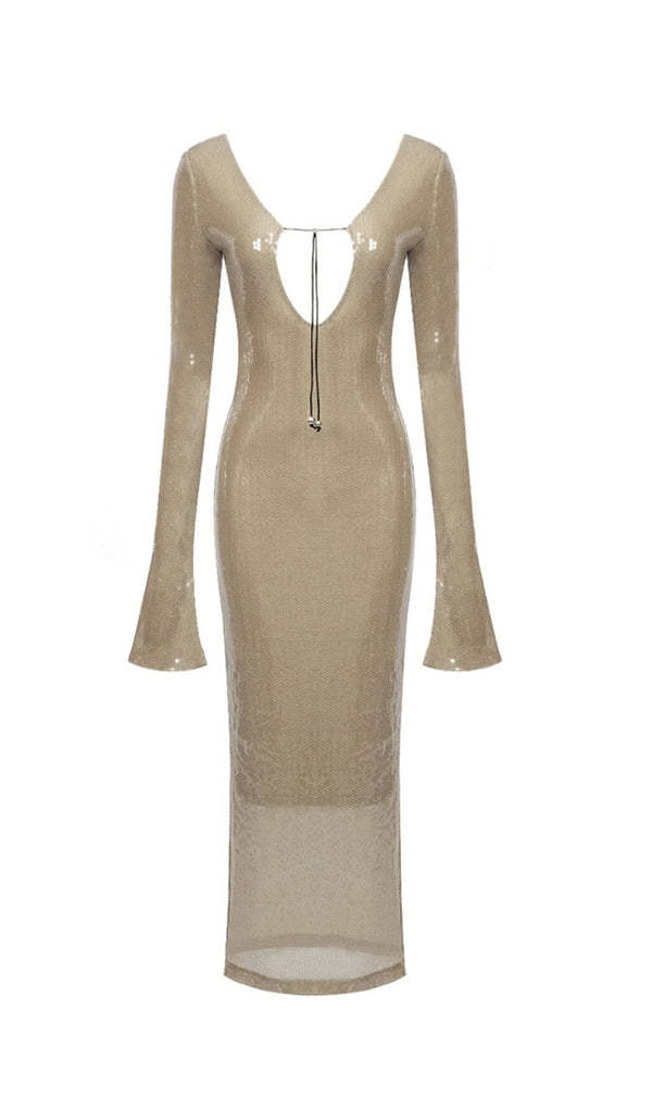 SEQUINED WITH LONG SLEEVES AND BACKLESS DRESS IN KHAKI styleofcb 