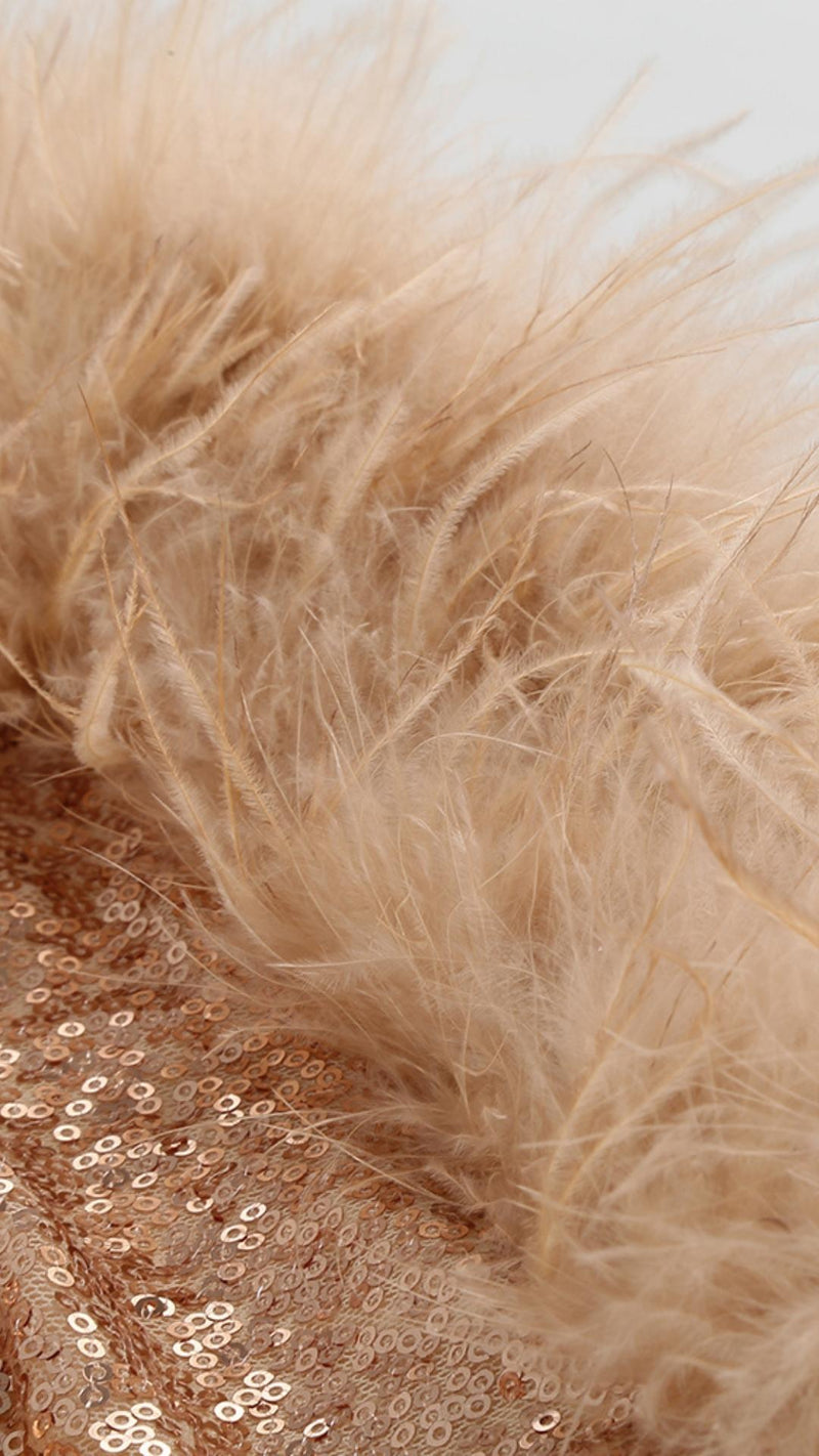 SEQUIN FEATHER MINI DRESS IN ROSE GOLD