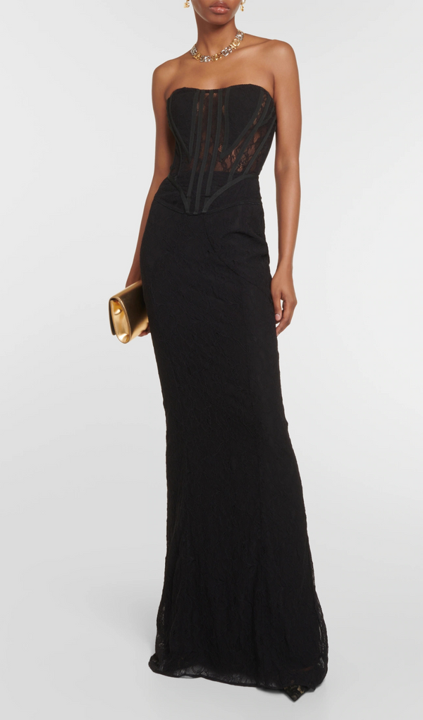 BLACK LACE DRESS WITH DENUDED SHOULDERS